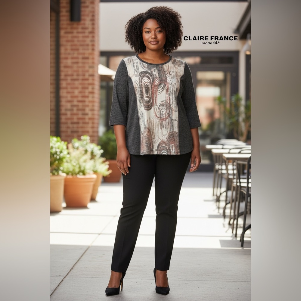 Claire France 14+, Plus Size 2X, Top New Abstract Print, Gray, Cream, Pink